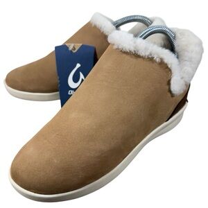 OluKai Mālua Hulu Women's Leather Sheep Fur Ankle Booties Taupe Ivory Size 5